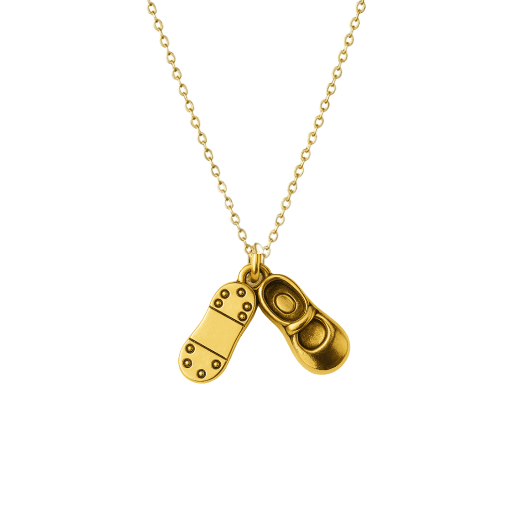Gold-plated tap dance necklace with detailed charm, perfect as a dance recital gift or for tap dance lovers.