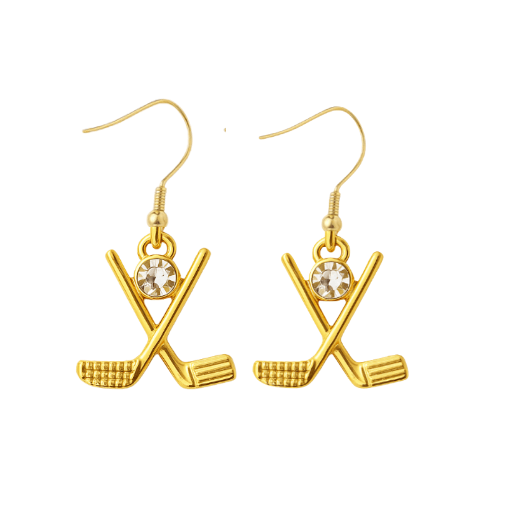 Gold golf club dangle earrings with CZ charm, perfect golf gift for female golfers and golf accessories.