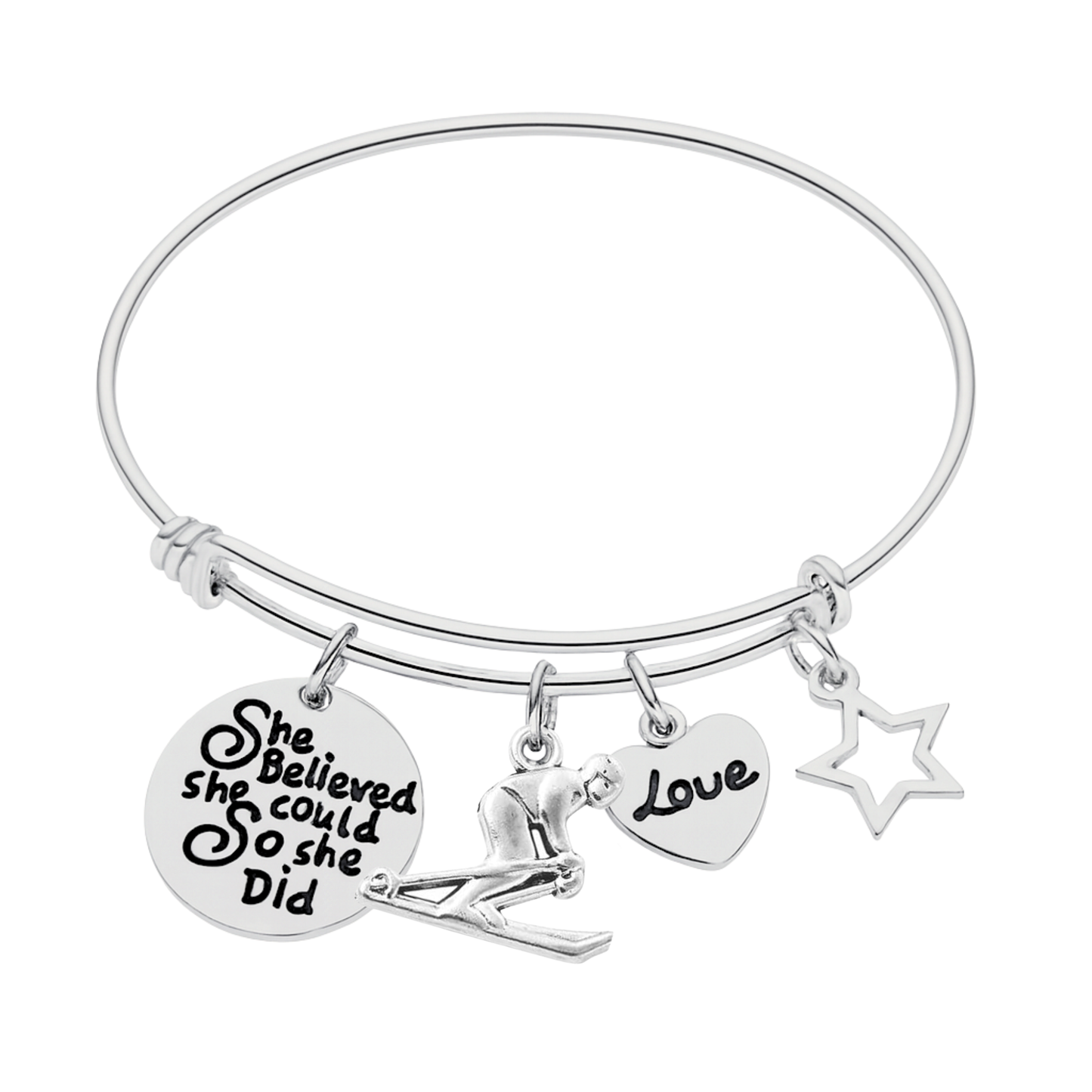 She Believed She Could So She Did Ski Bracelet – Inspirational Bangle with Skier, Love & Star Charms | Sportybella
