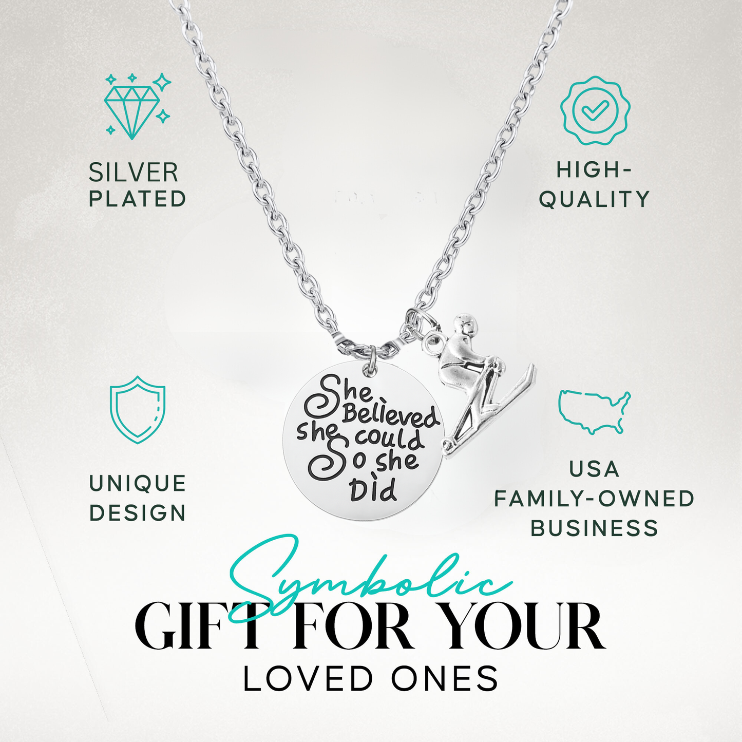 She Believed She Could So She Did Ski Necklace – Inspirational Skier Pendant | Sportybella