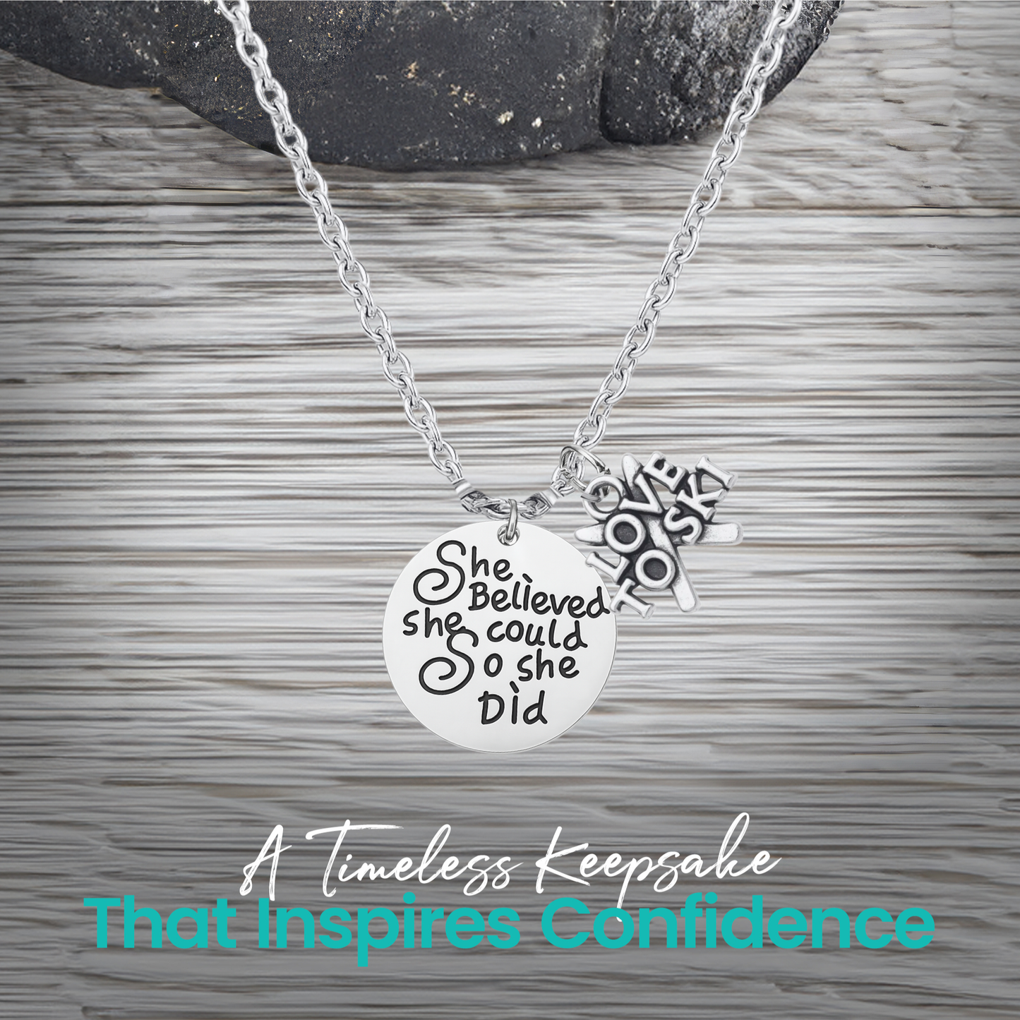 She Believed She Could So She Did Ski Necklace – Inspirational Skier Pendant | Sportybella