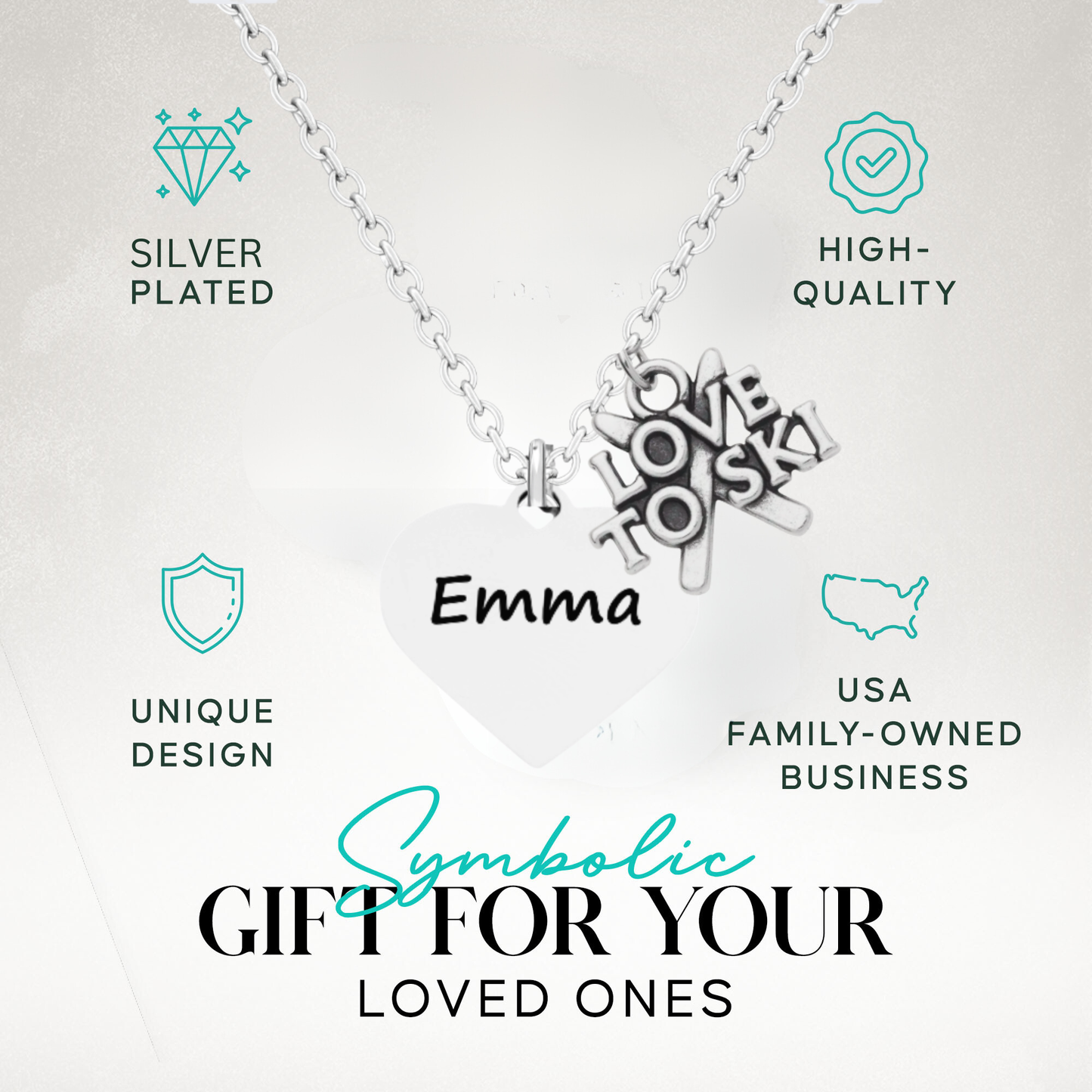 Personalized Ski Necklace – Custom Name Heart Pendant with Love to Ski or Skier Charm | Sportybella