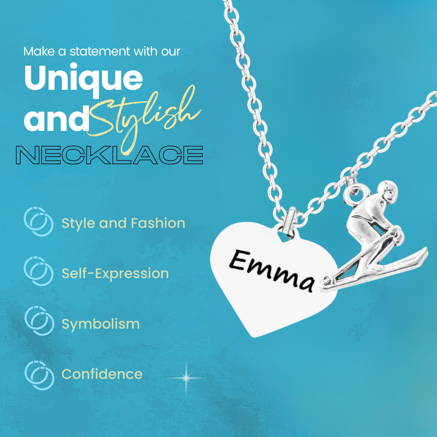 Personalized Ski Necklace – Custom Name Heart Pendant with Love to Ski or Skier Charm | Sportybella