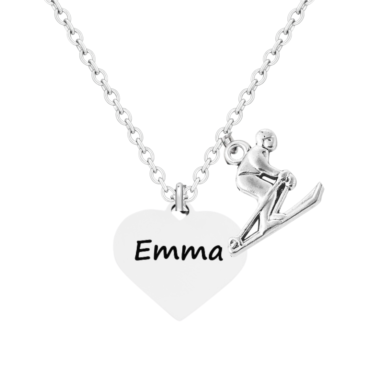 Personalized Ski Necklace – Custom Name Heart Pendant with Love to Ski or Skier Charm | Sportybella