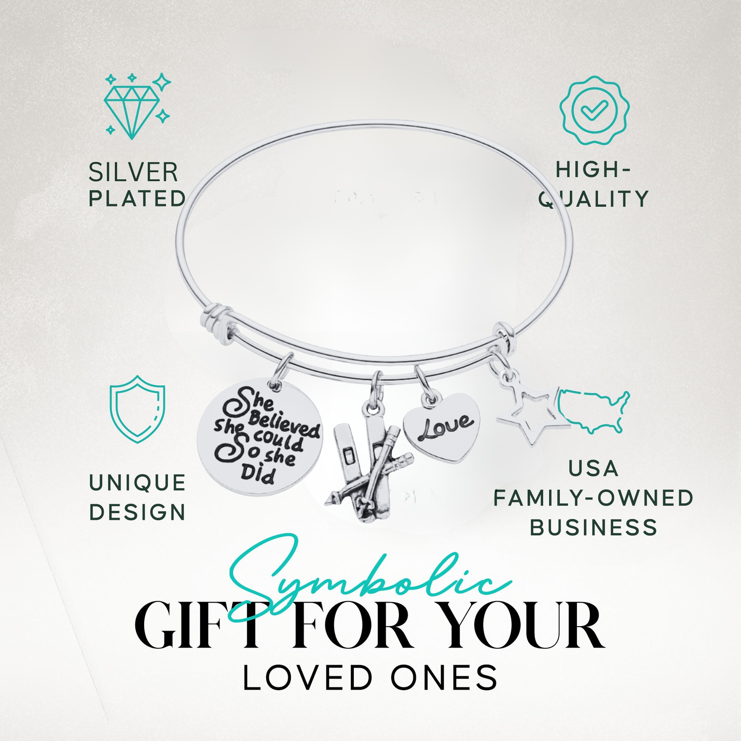 She Believed She Could So She Did Ski Bracelet – Inspirational Bangle with Skier, Love & Star Charms | Sportybella