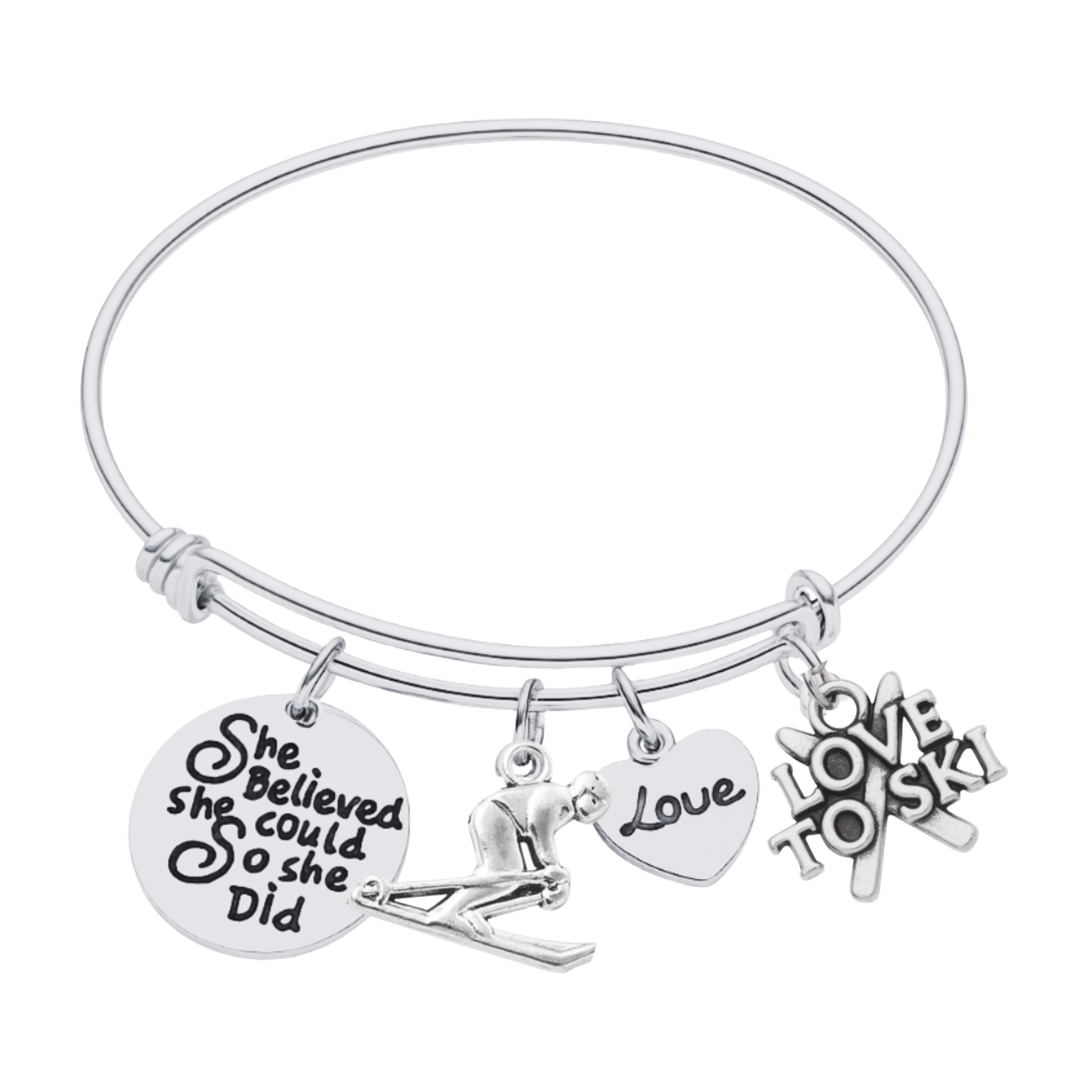 She Believed She Could So She Did Ski Bracelet – Inspirational Bangle with Skier, Love & Star Charms | Sportybella