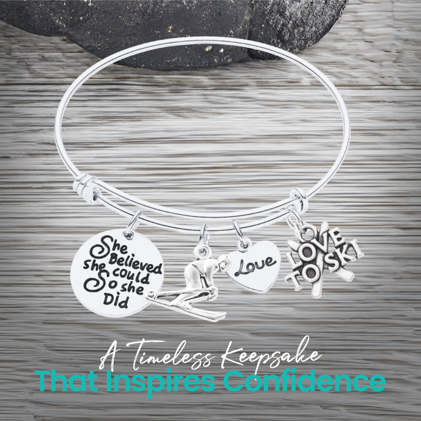 She Believed She Could So She Did Ski Bracelet – Inspirational Bangle with Skier, Love & Star Charms | Sportybella