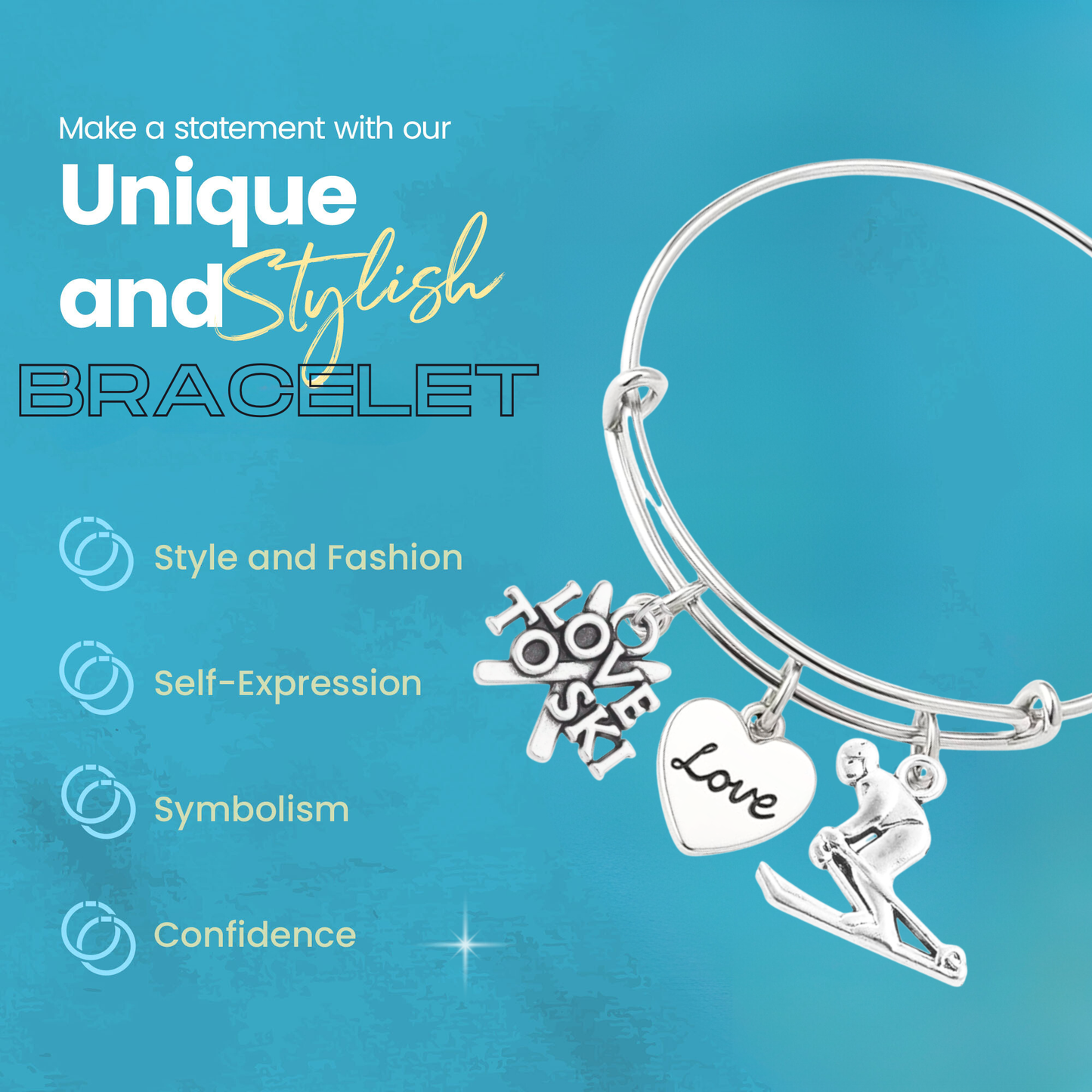 She Believed She Could So She Did Ski Bracelet – Inspirational Bangle with Skier, Love & Star Charms | Sportybella