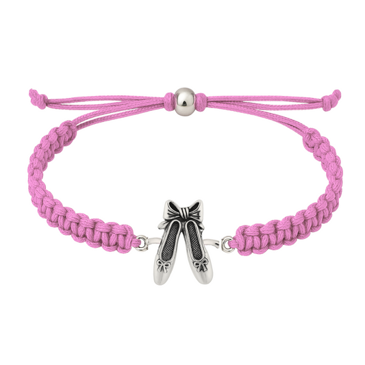 Pink braided ballet bracelet with silver ballerina charm and adjustable cord