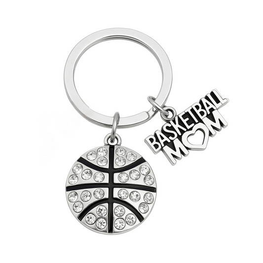 Silver-tone Basketball Mom keychain with rhinestone basketball charm and bold text