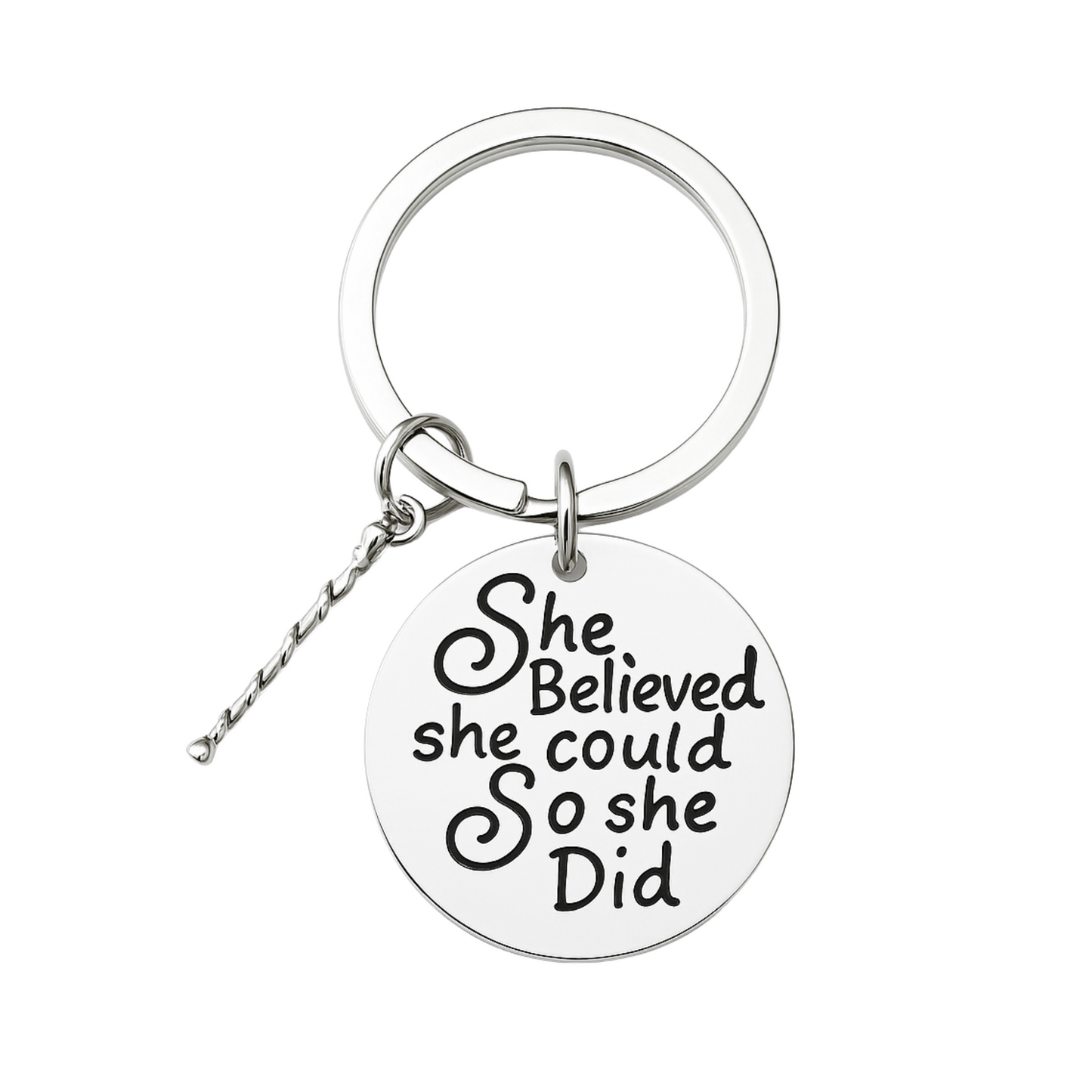 Stainless steel keychain with engraved “She Believed She Could So She Did” twirling charm