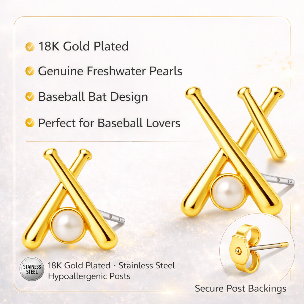 Gold Softball Bat Pearl Stud Earrings
