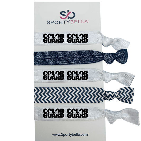 Set of 6 Color Guard hair ties with bold lettering and heart design, perfect for performers and color guard gifts.