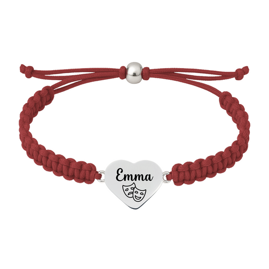 Red Maroon braided rope bracelet with engraved heart charm featuring “Emma” and drama & theater mask icons