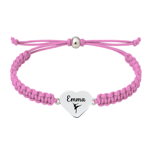 Light Pink braided rope bracelet with stainless steel heart charm engraved name and dance silhouette