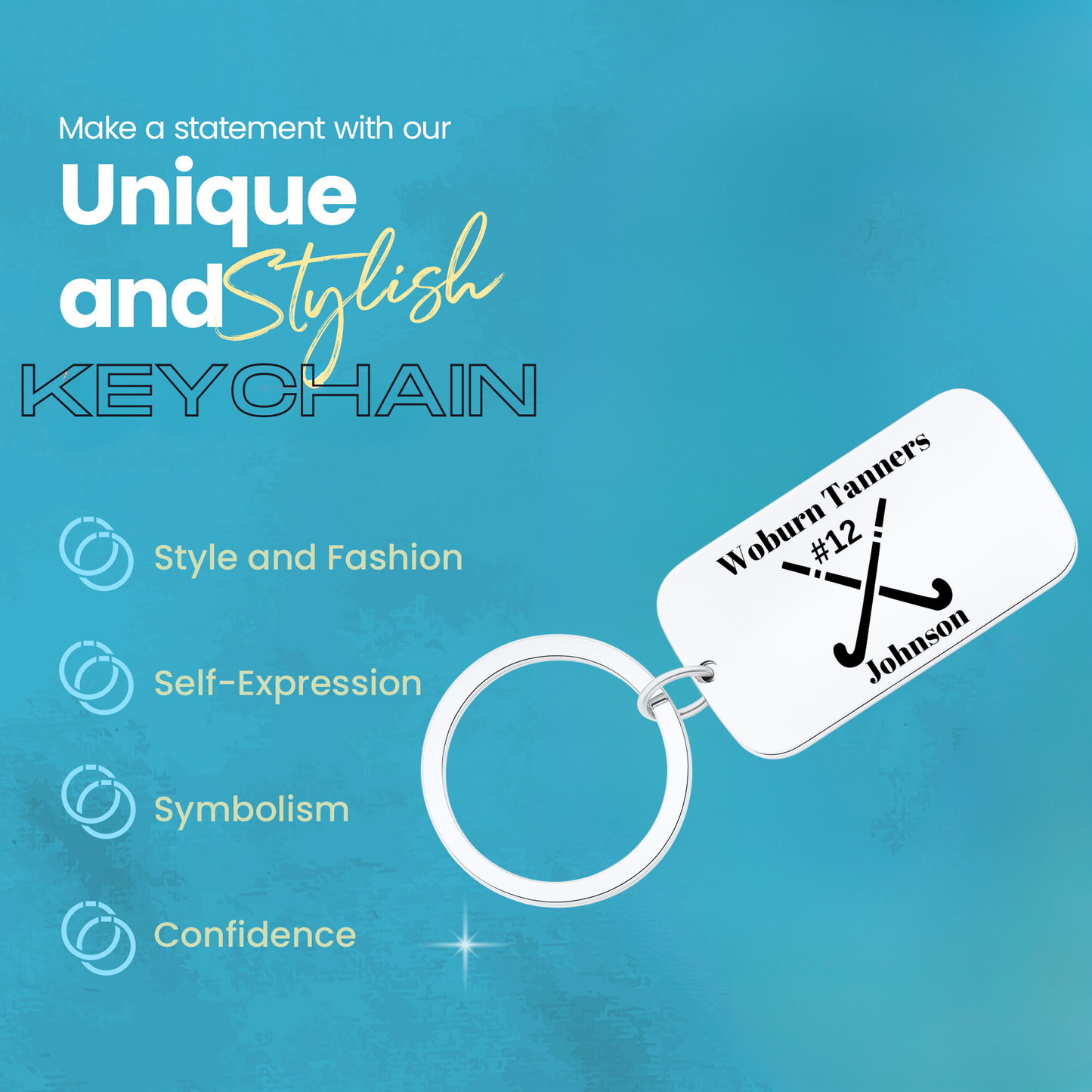 Engraved field hockey dog tag keychain with icons for stylish, durable, and unique sports accessory