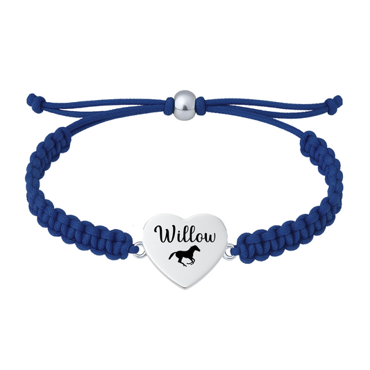 Navy blue horse bracelet with name  engraved on stainless steel heart charm