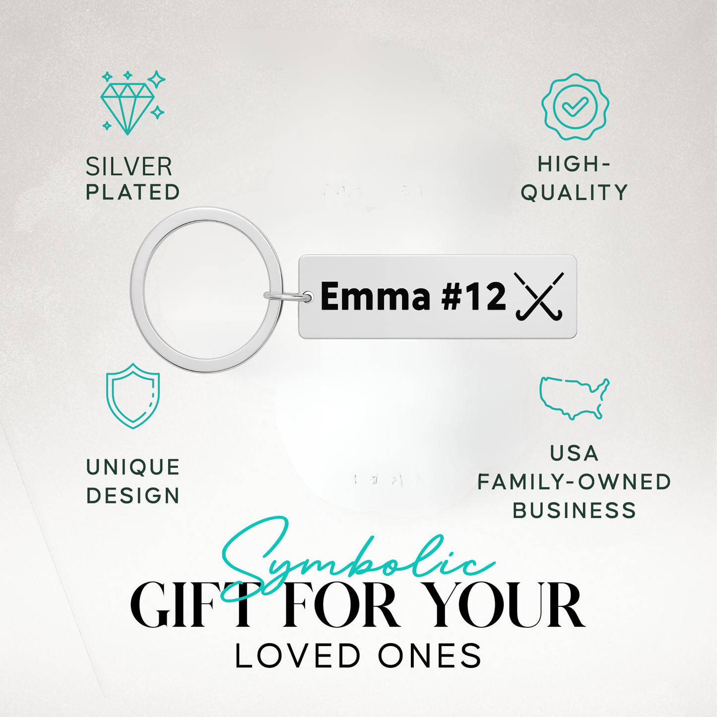 Personalized field hockey bar keychain with text highlighting unique gift idea and stainless steel durability