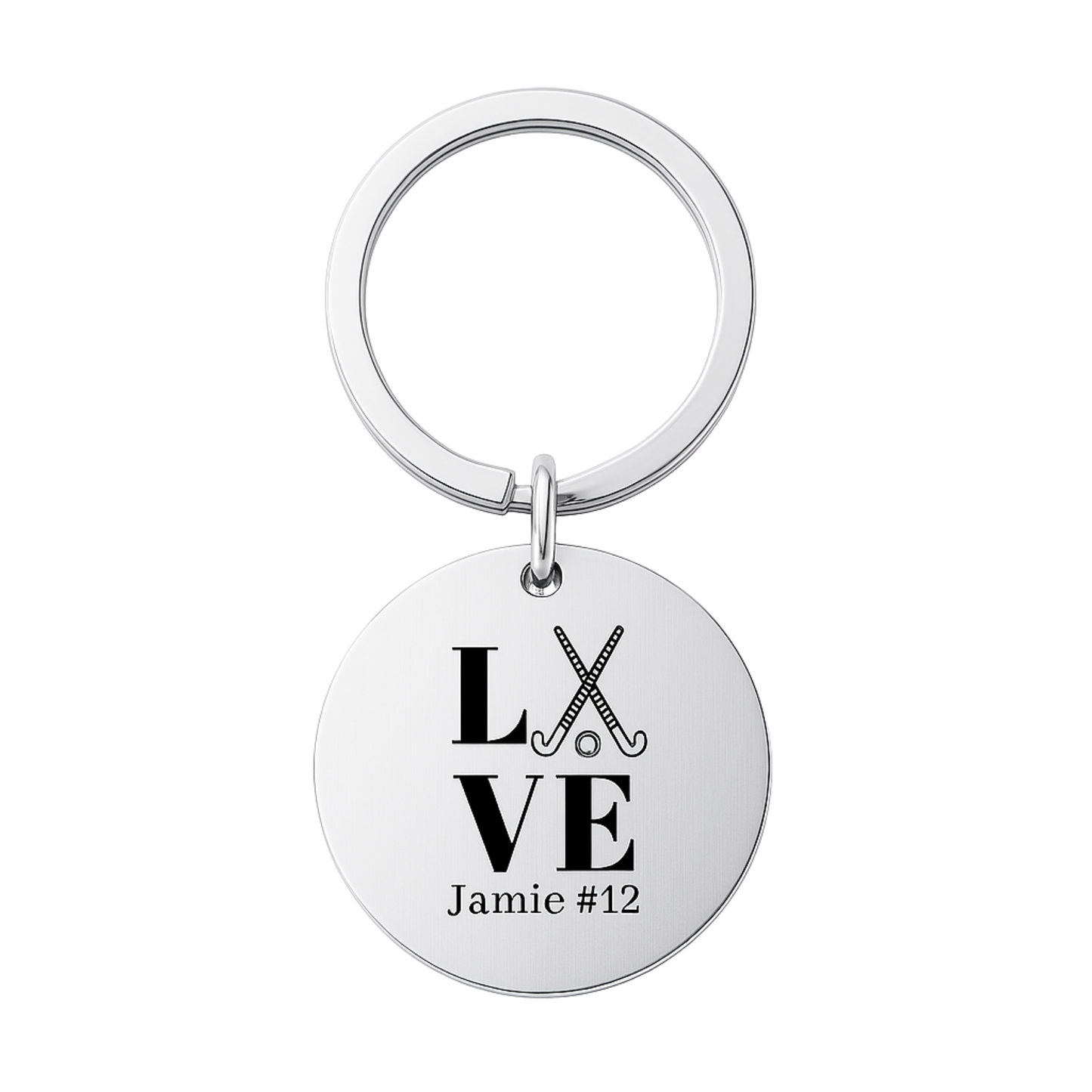 Stainless steel engraved field hockey keychain with LOVE design and custom name on white background