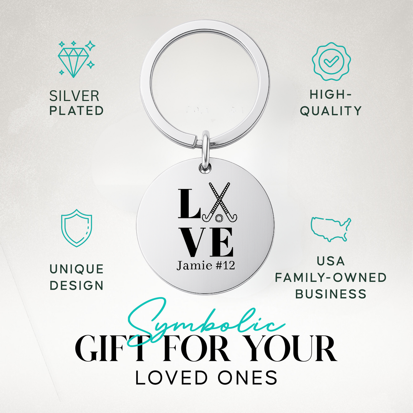 Personalized field hockey keychain in gift-ready packaging with engraved LOVE design