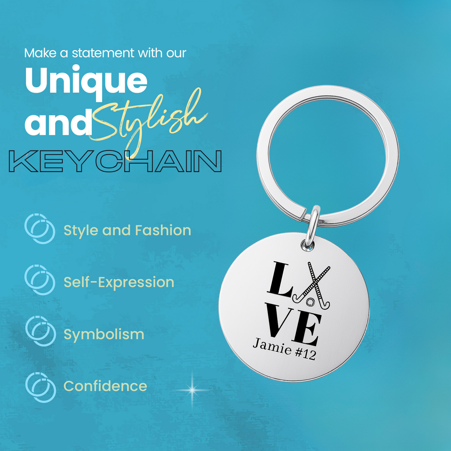 Close-up of stainless steel LOVE keychain with engraving on blue background and care icons