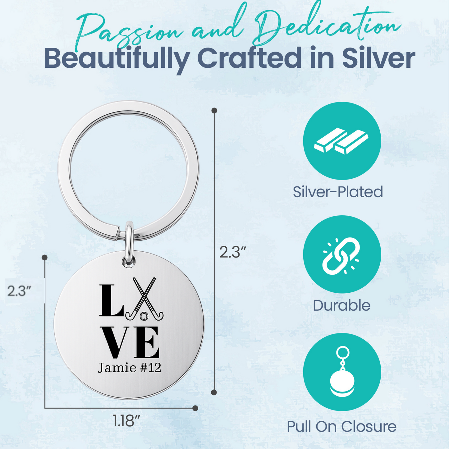 Gift card packaging for engraved field hockey LOVE keychain with silver charm and personalization