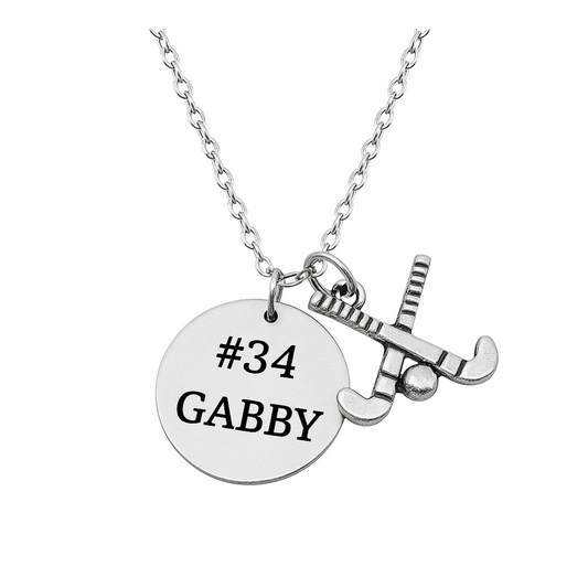 Personalized field hockey necklace with engraved name and number charm on stainless steel chain