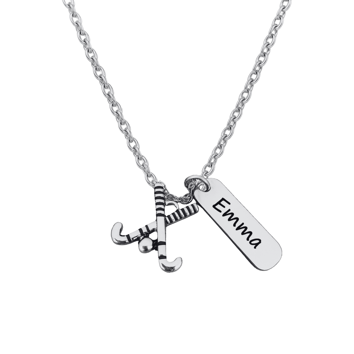 Personalized field hockey necklace featuring engraved name and charm on background