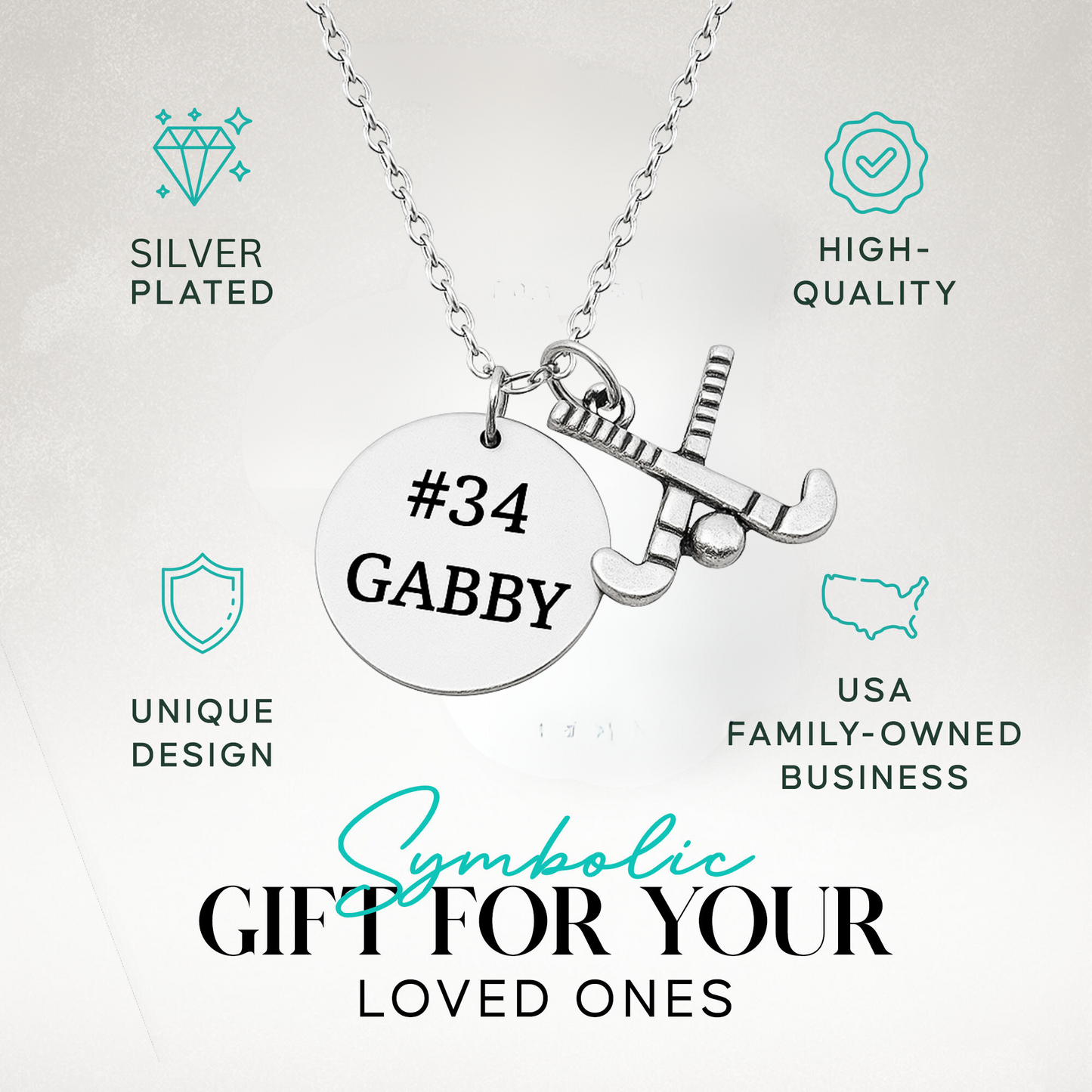 Personalized field hockey necklace in gift box with custom engraved disc and stick charm