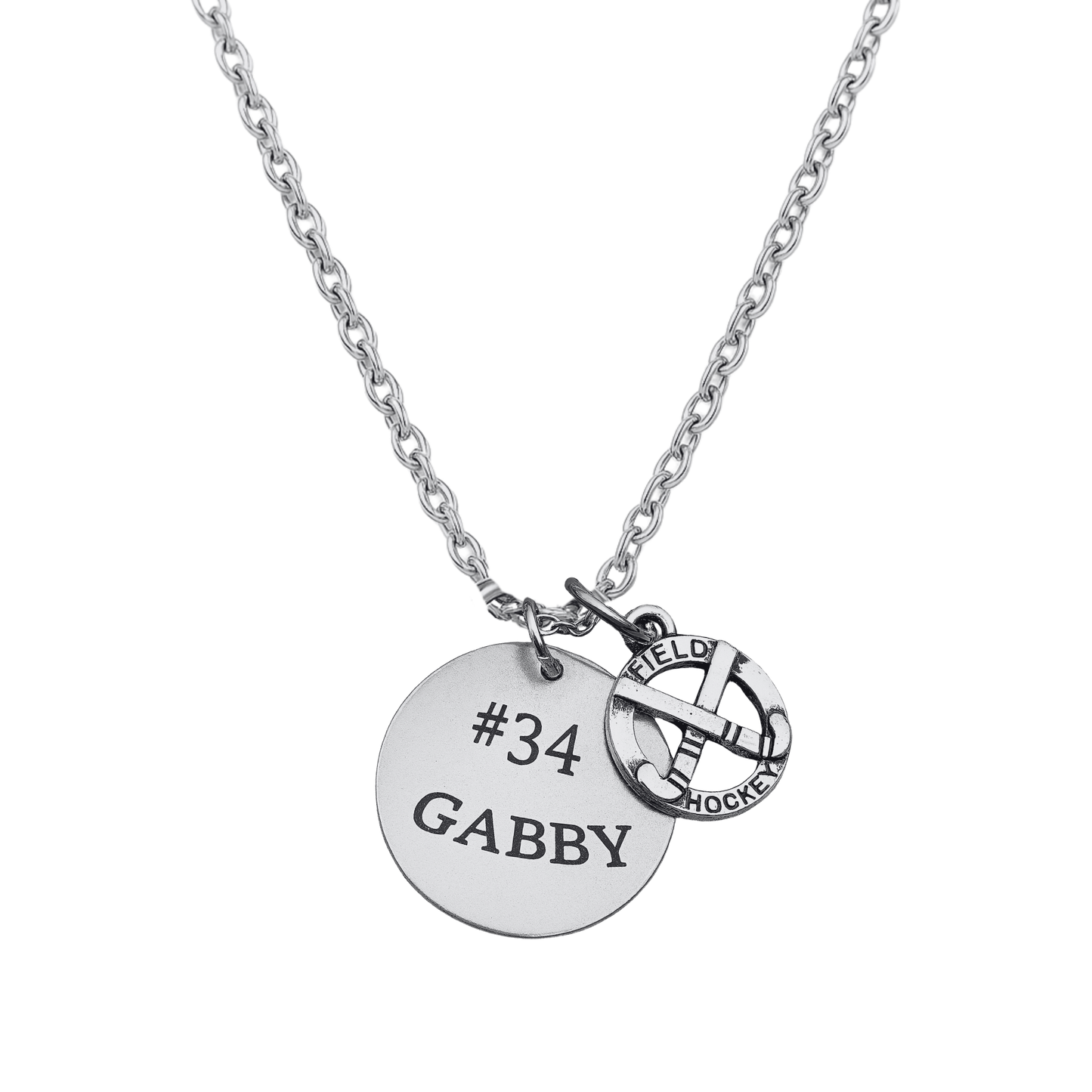 Field hockey charm necklace with stainless steel disc engraved with player name and number