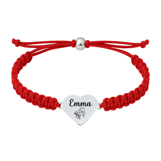 Red rope bracelet with stainless steel heart charm engraved and a piano icon