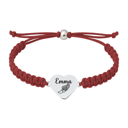 Red maroon braided rope bracelet with stainless steel heart charm engraved name and a winged shoe icon