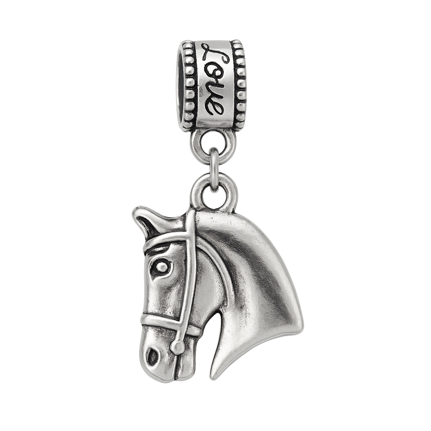 Silver stainless steel horse head charm bead with 'Love' engraving for Pandora, Chamilia, and European bracelets