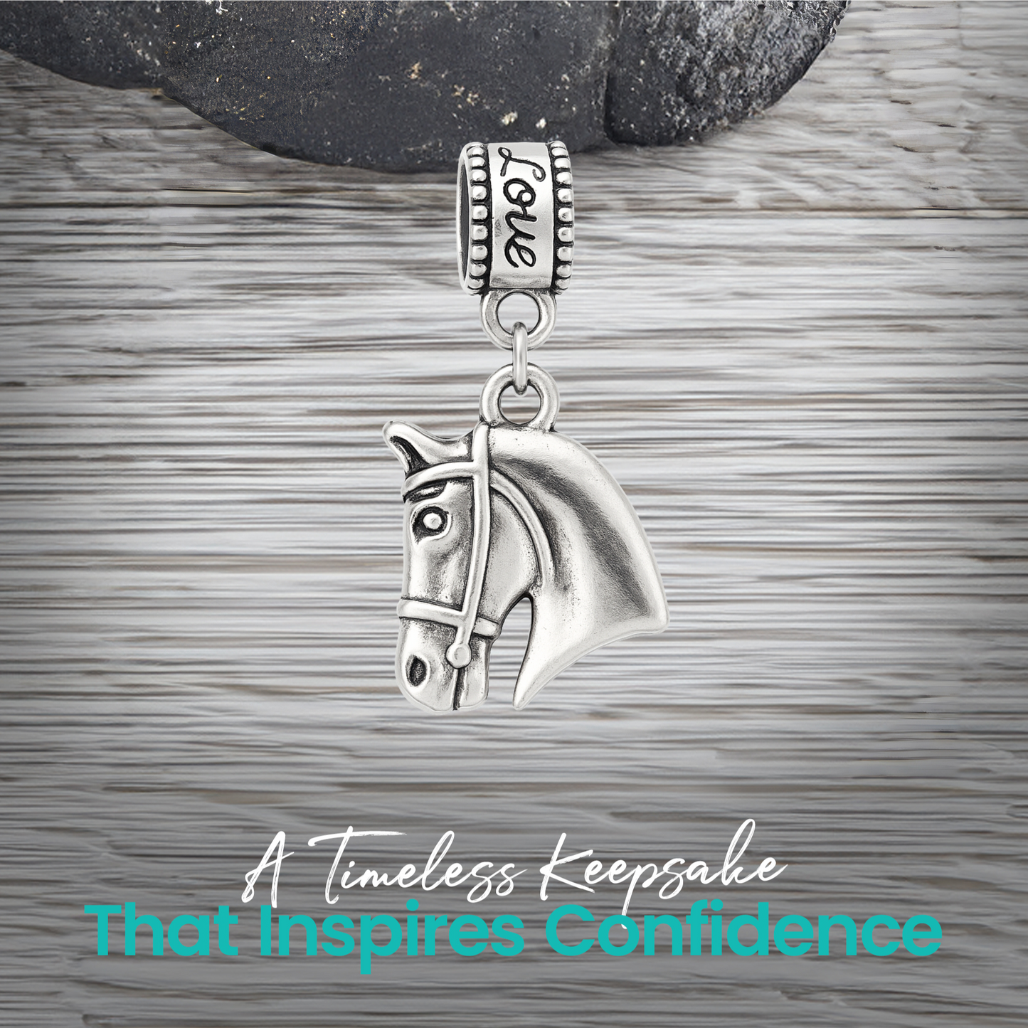 Equestrian horse head bead charm presented on gift-ready card for riders and horse lovers