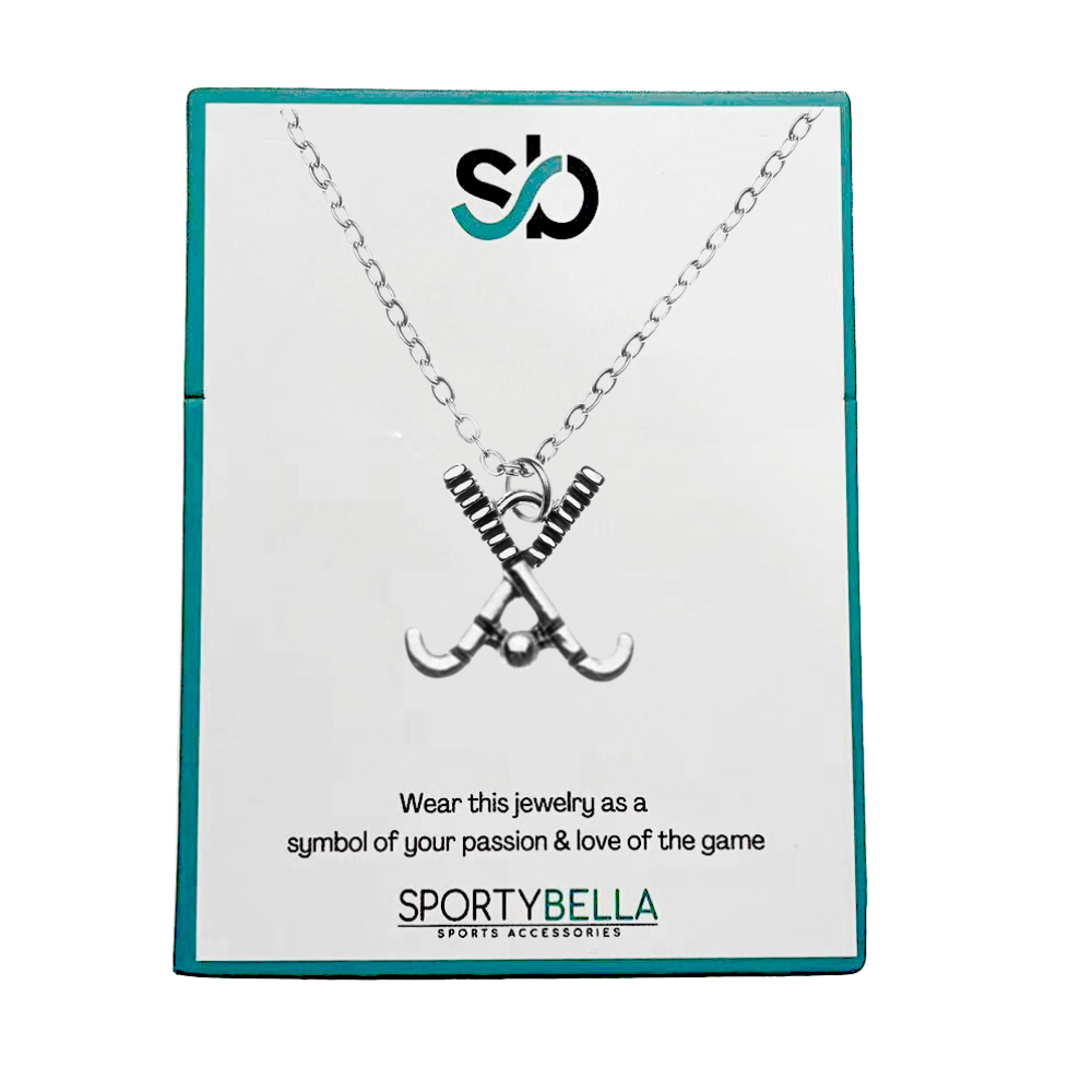 Field hockey sticks necklace with silver charm on branded Sportybella card – ready to gift team jewelry