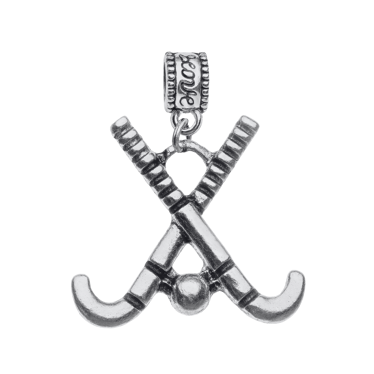 Stainless steel field hockey charm bead with crossed sticks and ball design for Pandora and European bracelets