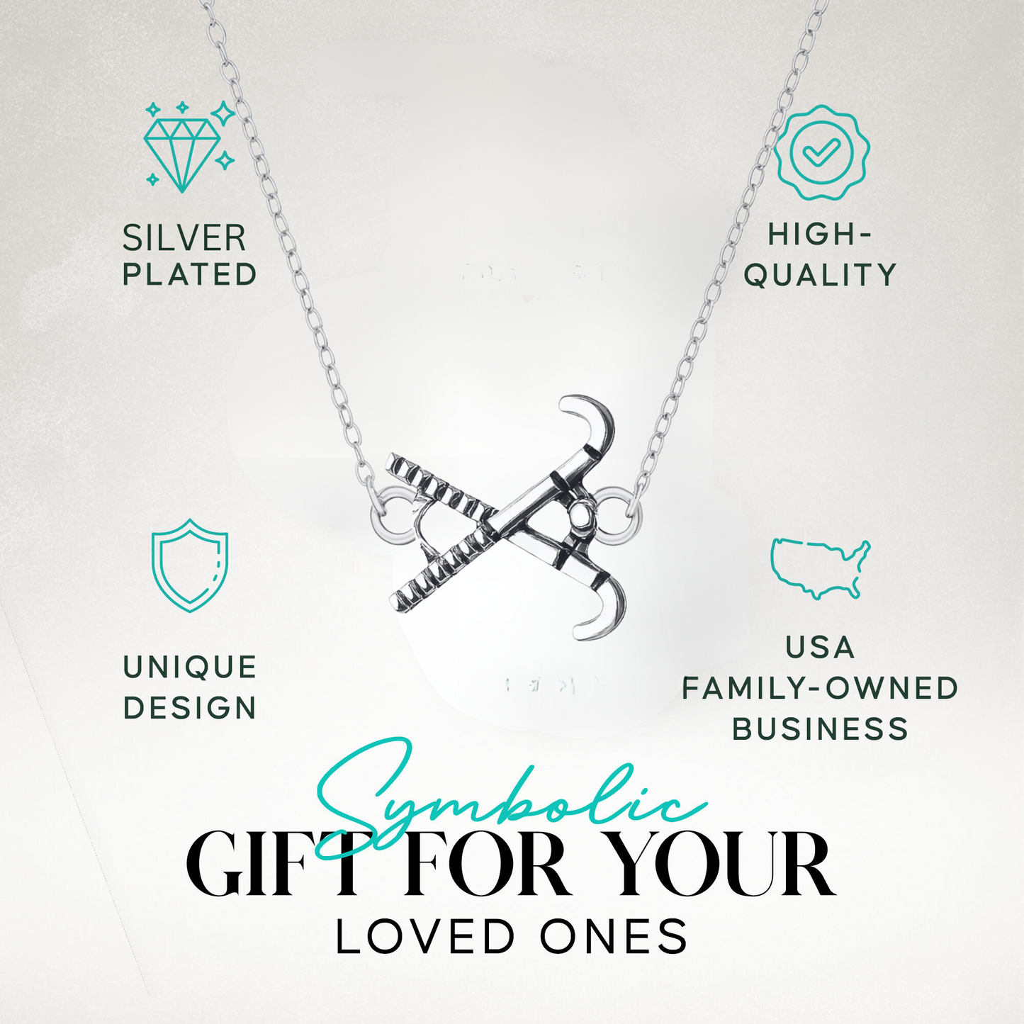 Field hockey pendant necklace on gift card packaging with necklace care icons