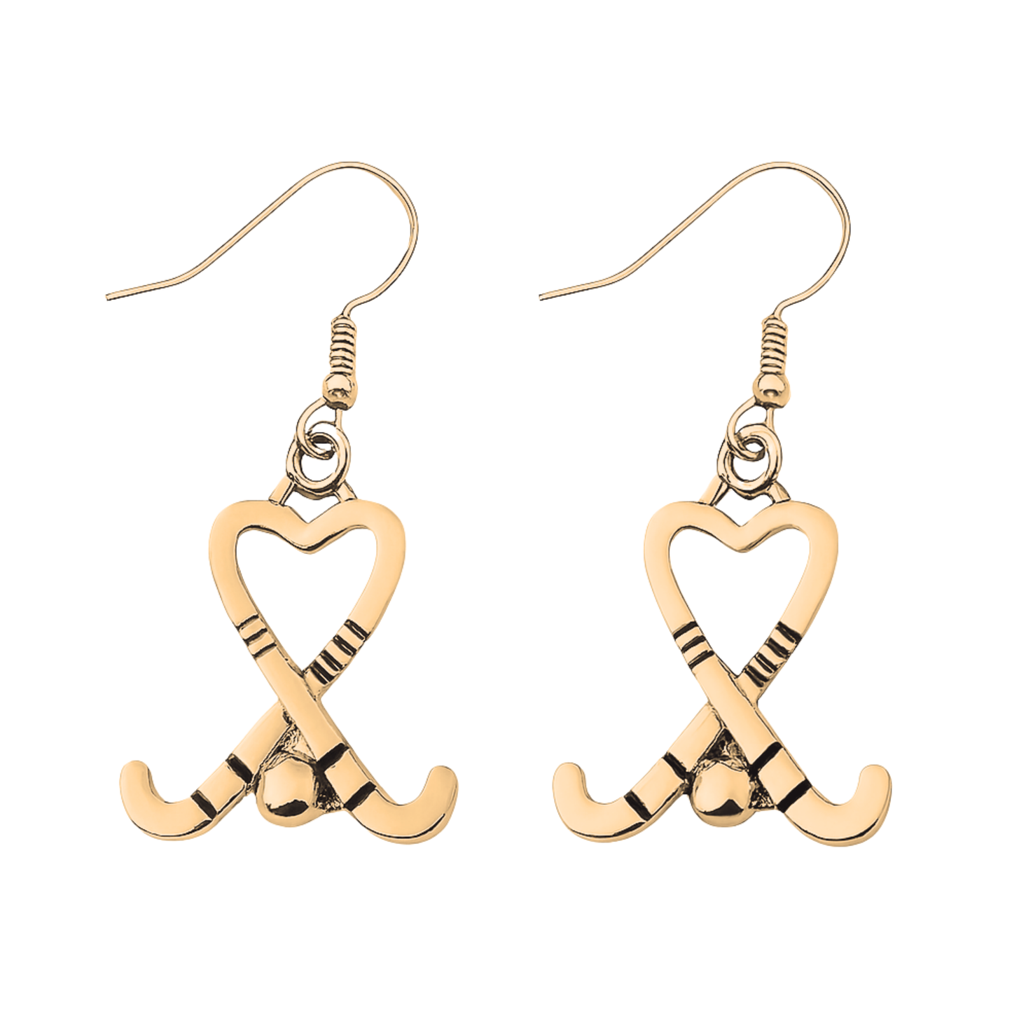 Gold-plated heart-shaped field hockey stick dangle earrings with crossed sticks and ball charm