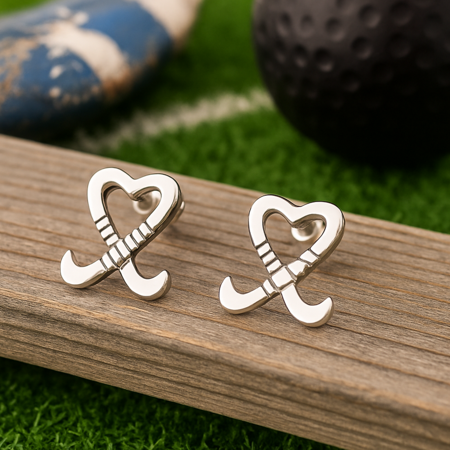 Sportybella field hockey earrings photographed on wood background with athletic gear
