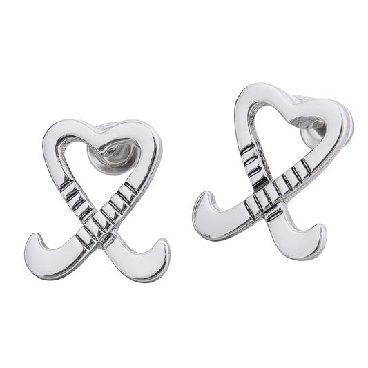 Silver heart-shaped field hockey stick earrings displayed on white background