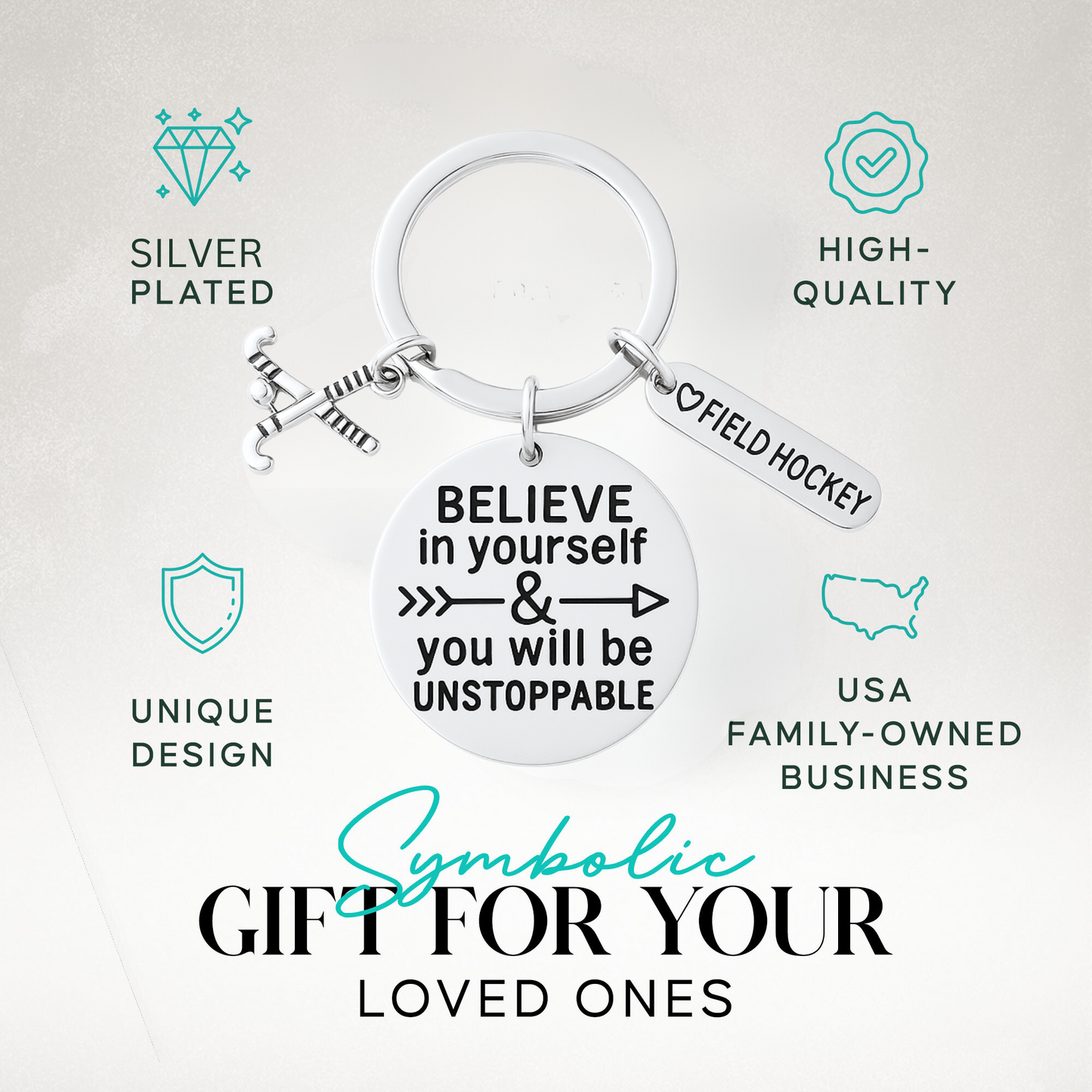 Believe in Yourself field hockey keychain shown on branded card – perfect sports gift for girls