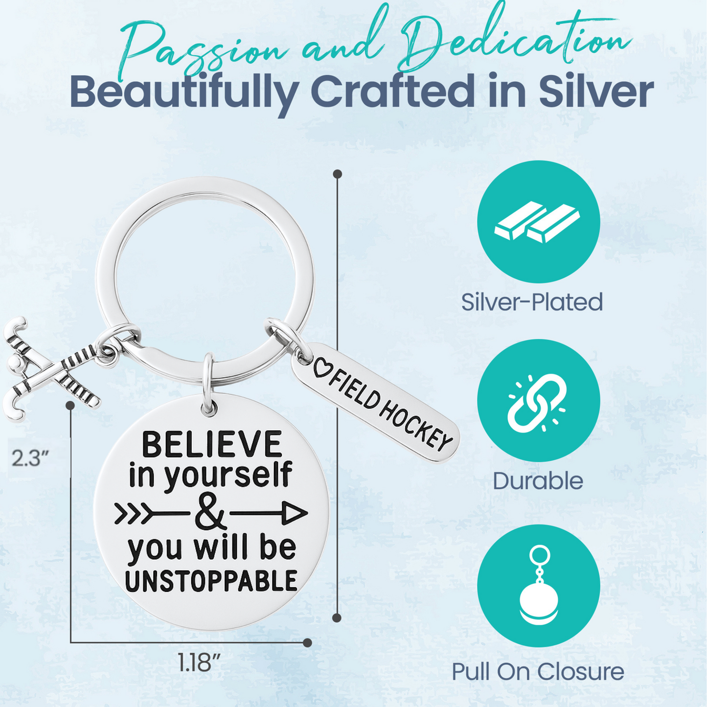 Silver plated field hockey keychain shown on blue gift card with product features and sports icons