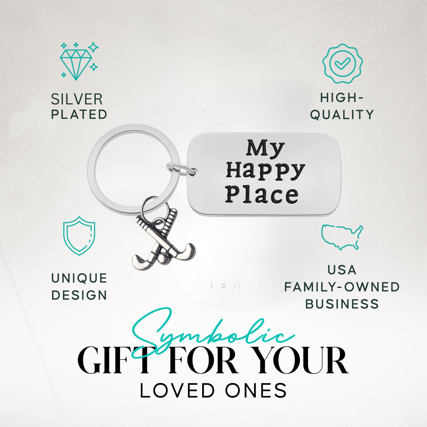 Field hockey keychain displayed in gift packaging with engraved My Happy Place tag and stick charm