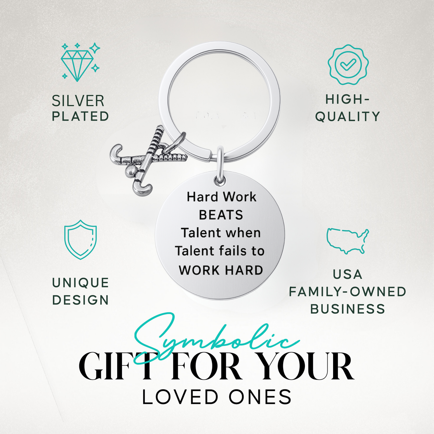 Field hockey keychain with Work Hard Beats Talent engraving and text highlighting perfect gift idea