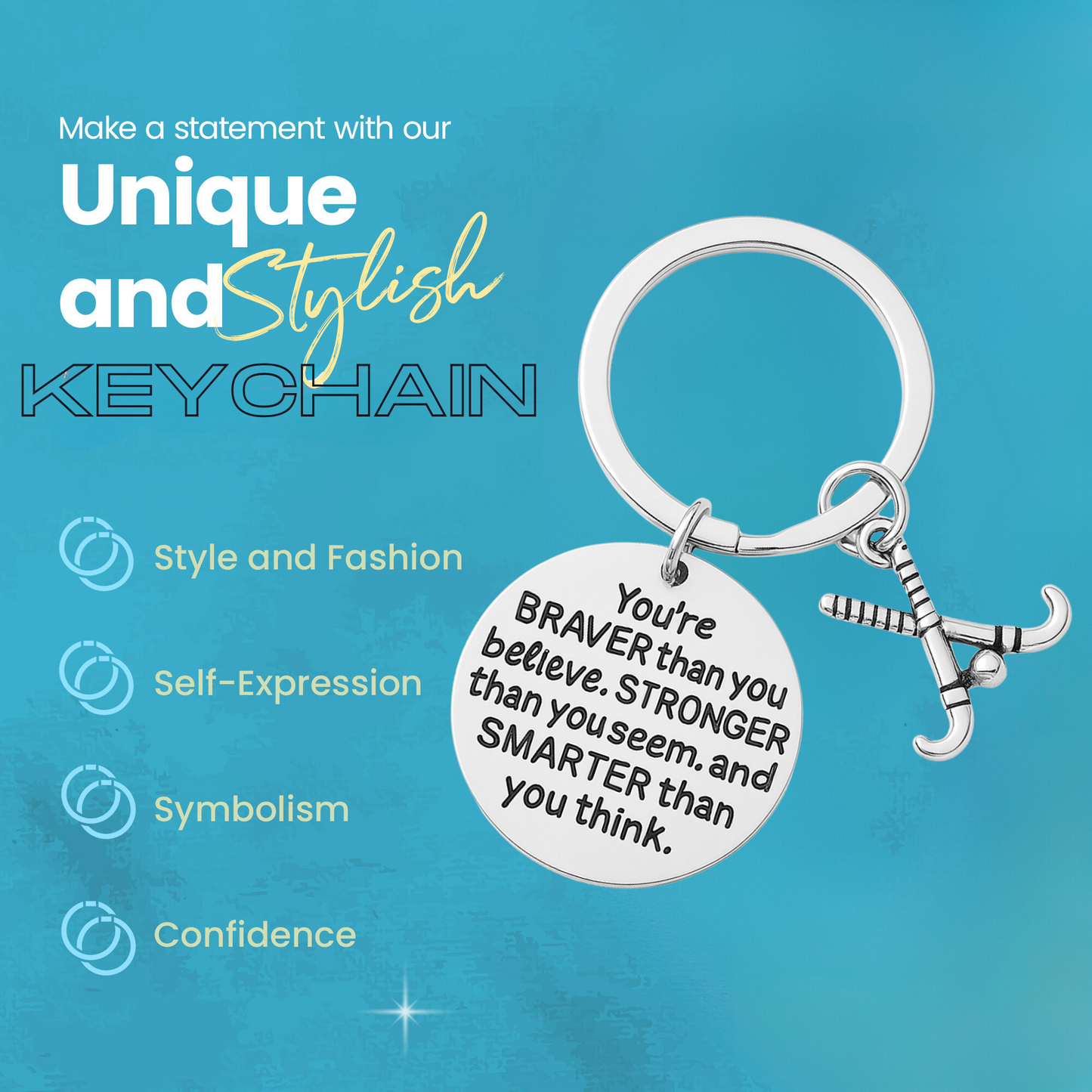 Field hockey motivational keychain on card showing design details and sports theme