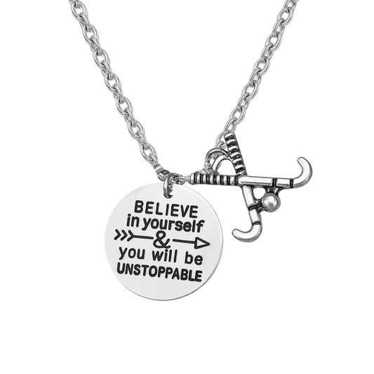 Field hockey necklace with Believe in Yourself You Will Be Unstoppable disc and crossed stick charms