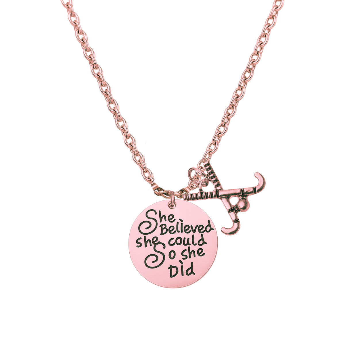 Rose gold field hockey necklace with crossed sticks charm and engraved She Believed She Could So She Did pendant