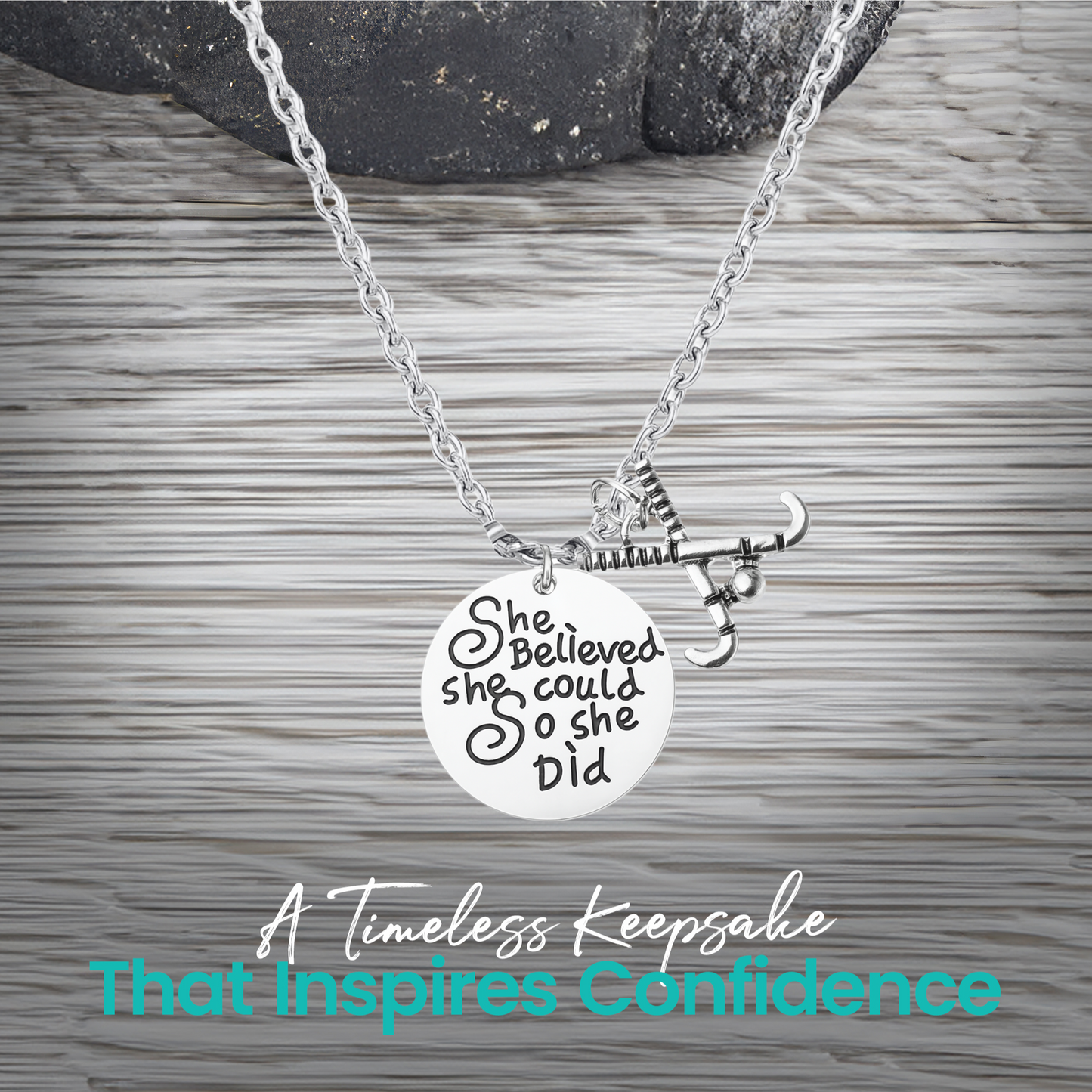 Silver She Believed She Could So She Did field hockey necklace on rustic wooden surface