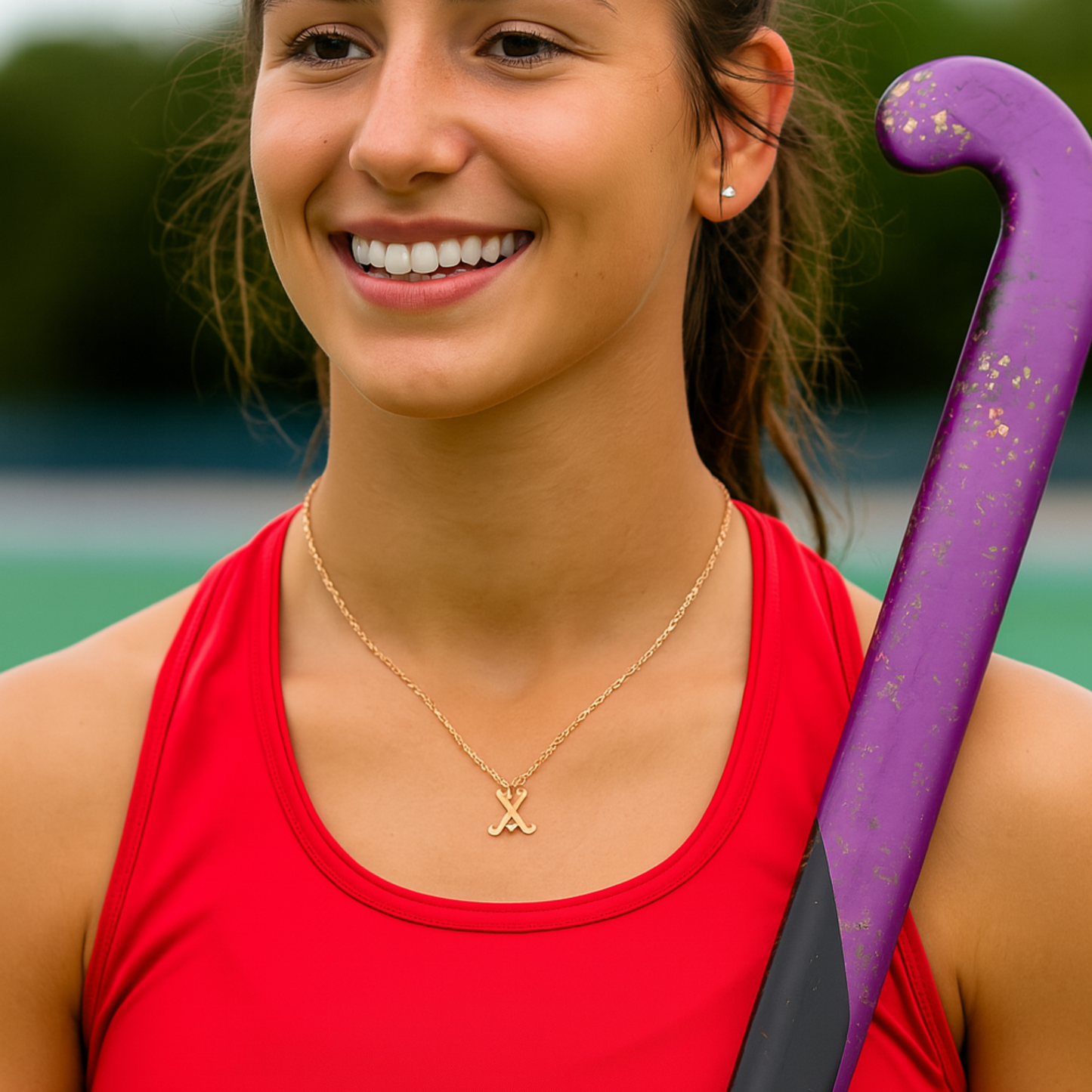Teen girl wearing silver field hockey charm necklace โ sporty gift jewelry for female athletes