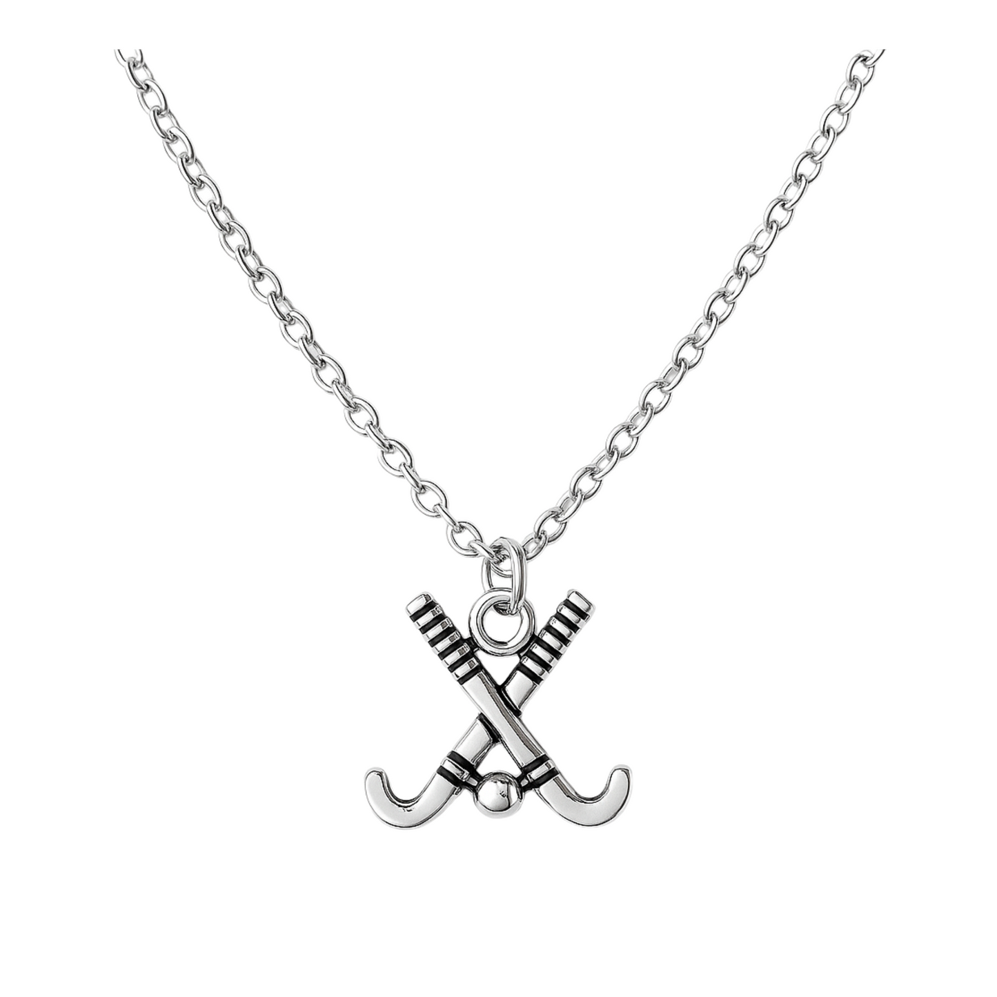 Silver field hockey sticks necklace with stainless steel chain โ sporty gift for girls, teens, and coaches